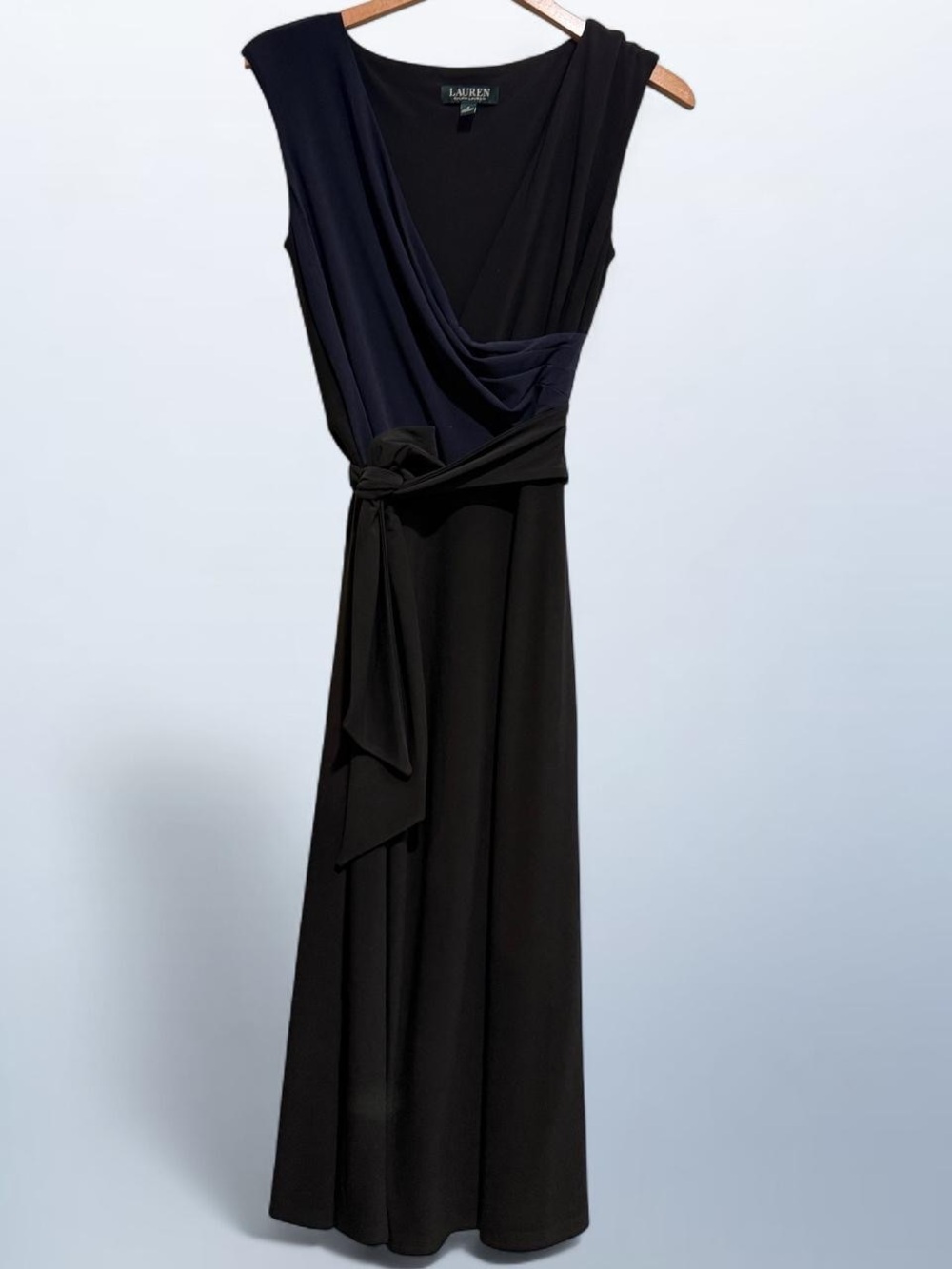 NWT Lauren Ralph Lauren Black & Navy Sleeveless Wrap Maxi Dress size 6